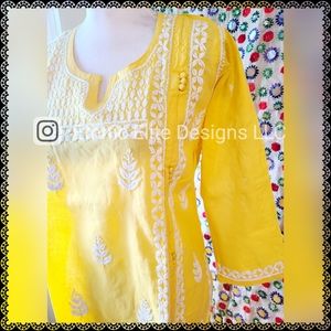 Yellow Designer Chikankari Cotton Kurti - Lucknow Hand Embroidered Kurta